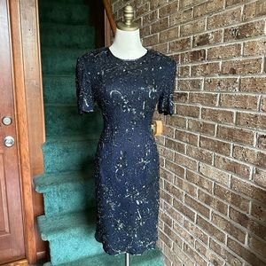 VTG 80s AP LTD Dark Navy Blue Fully Beaded Silk Evening Formal Dress